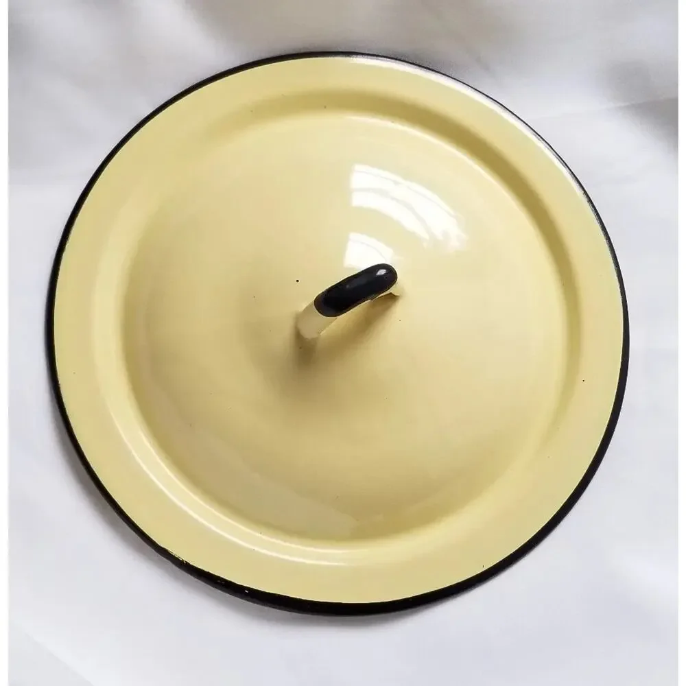 Yellow Enamelware Pan Lid with Black Lip Edge 8 inches Metal Vintage MCM